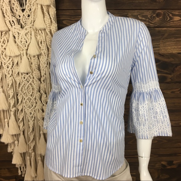 Anne‎ Klein | Striped Lace Bell Sleeve Button Down Blouse - Picture 6 of 7